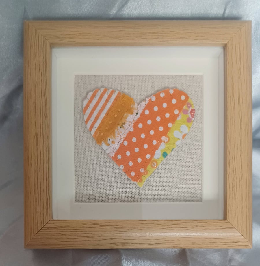 Orange Patchwork Heart in Wood Effect Frame