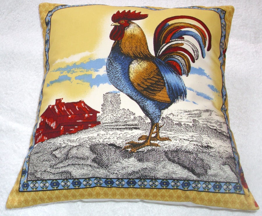 Cockerel on a farm at sunrise cushion 