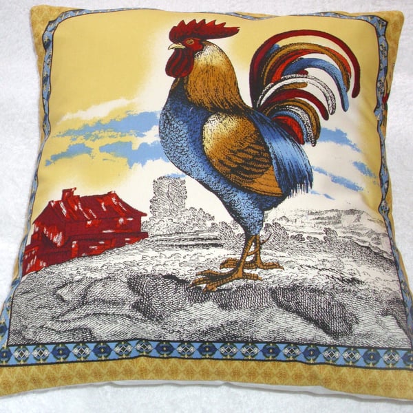 Cockerel on a farm at sunrise cushion 