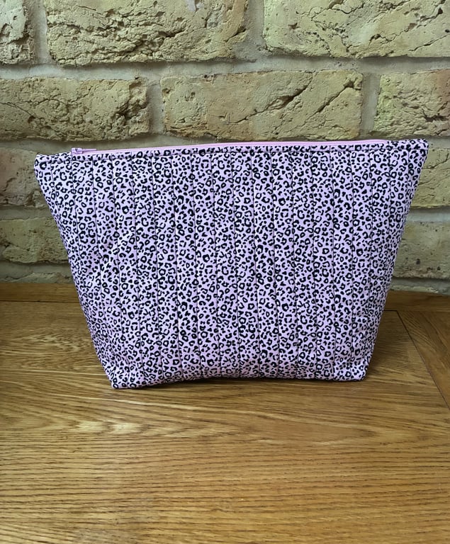 Pink And Black Leopard Print Quilted Fabric Wash Bag