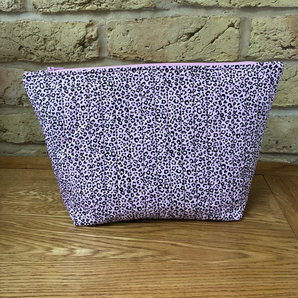 Pink And Black Leopard Print Quilted Fabric Wash Bag