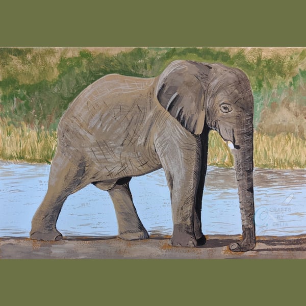 Elephant Original Painting for Nature Lovers. Gouache Painting on Tan Paper