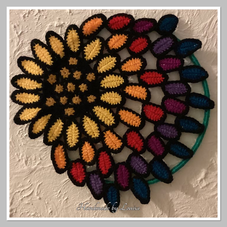 Crocheted rainbow sunflower hoop