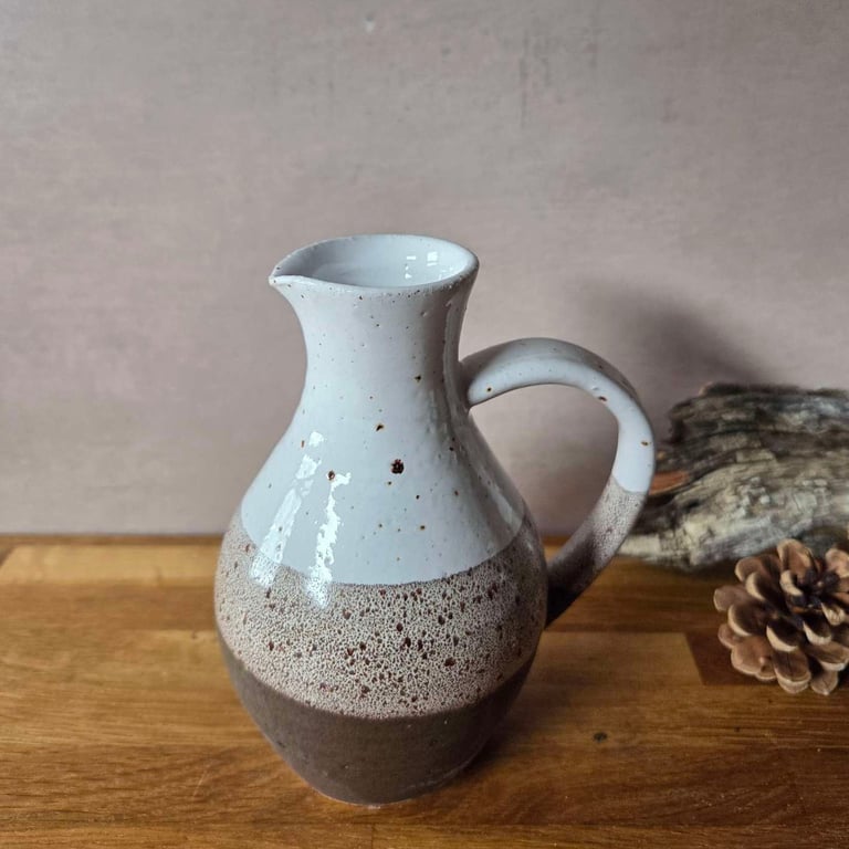 Small Slim Ceramic Jug, Oil Drizzler in brown and white