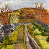 Mixed media country lane landscape with moorland in the distance. 