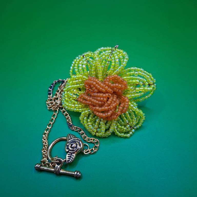 Handmade Beaded Wired Daffodil Pendant Necklace
