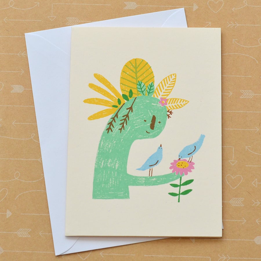 Birds with Plant Sculpture - Hand Screen Printed Cream Card