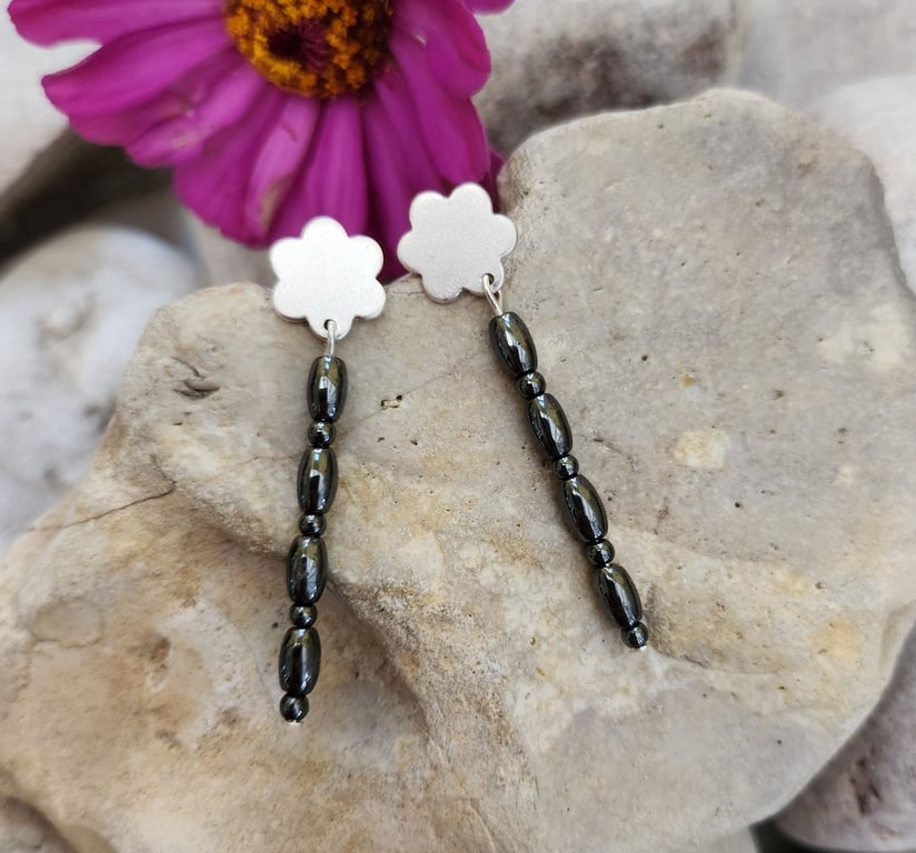 Sterling silver dangly flower stud earrings with haematite stones