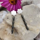 Sterling silver dangly flower stud earrings with haematite stones