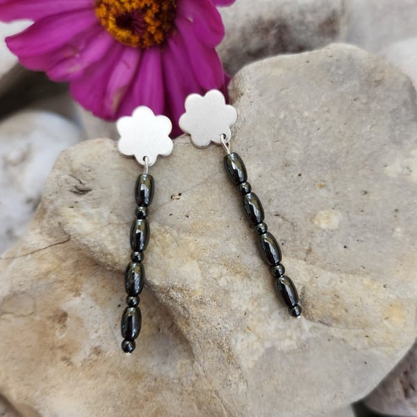 Sterling silver dangly flower stud earrings with haematite stones