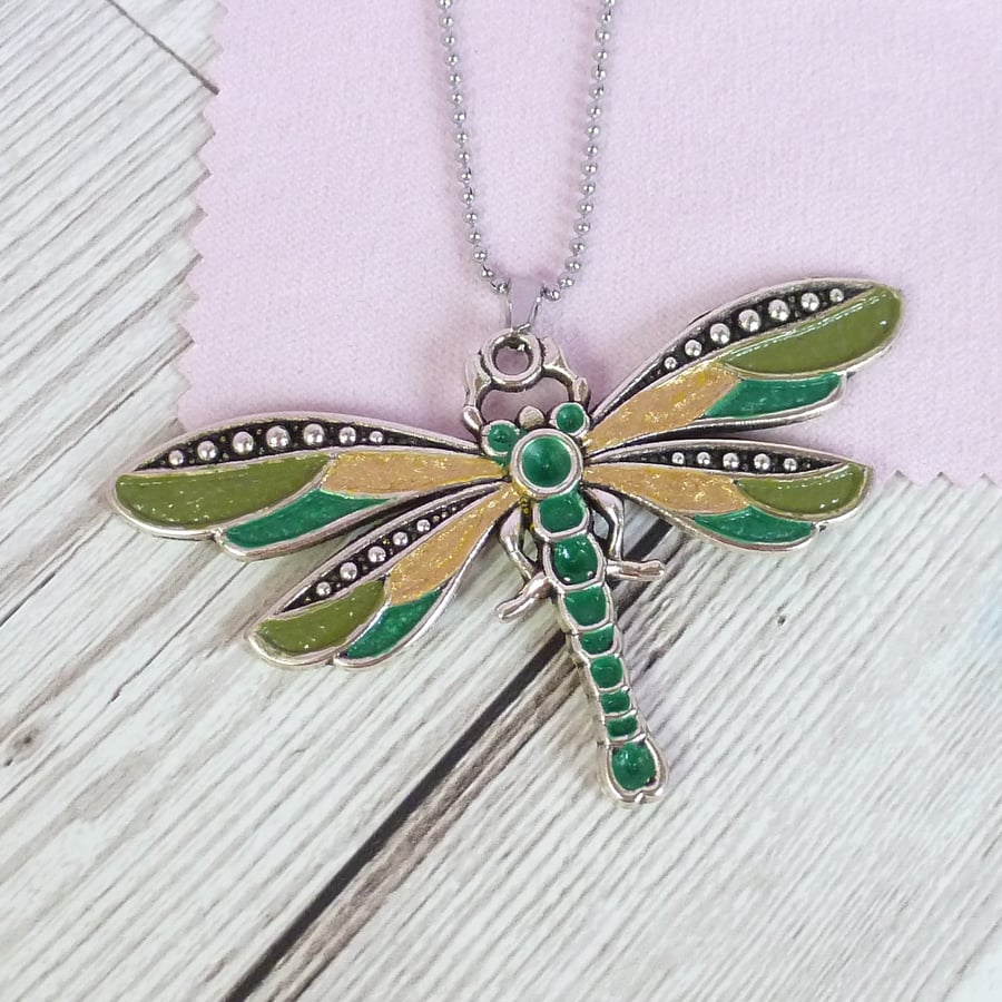 Green and gold dragonfly pendant, hand painted dragonfly necklace