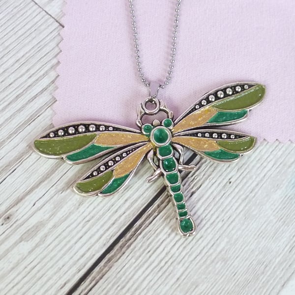 Green and gold dragonfly pendant, hand painted dragonfly necklace