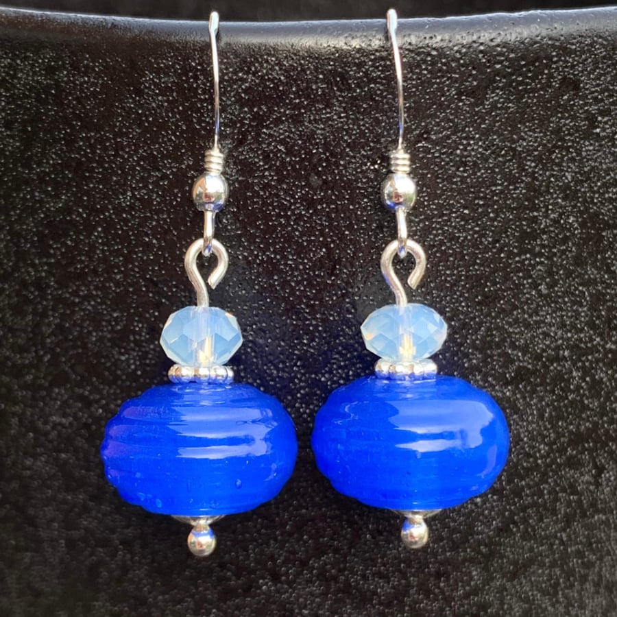 sterling silver - ribbed lampwork glass beads - crystal beads - blue earrings 
