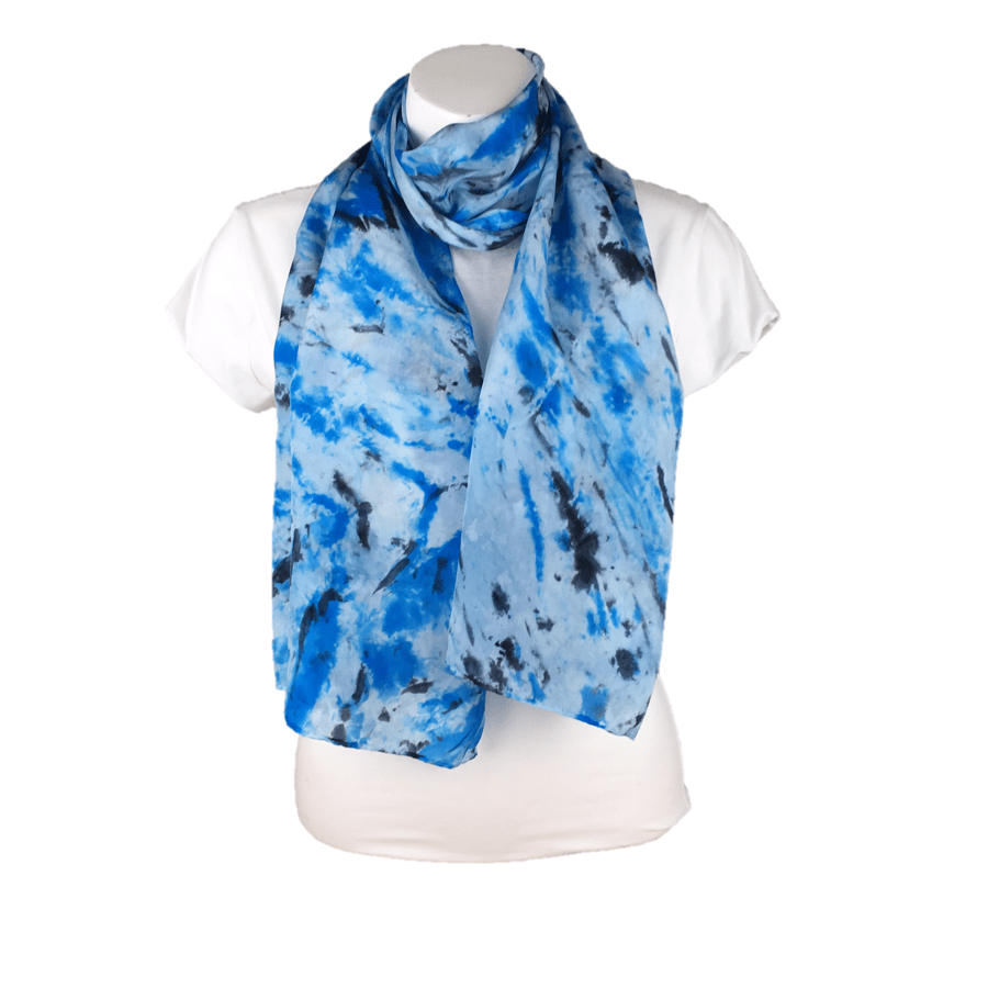 Crepe de chine silk scarf, hand dyed in blue and black - SALE ITEM
