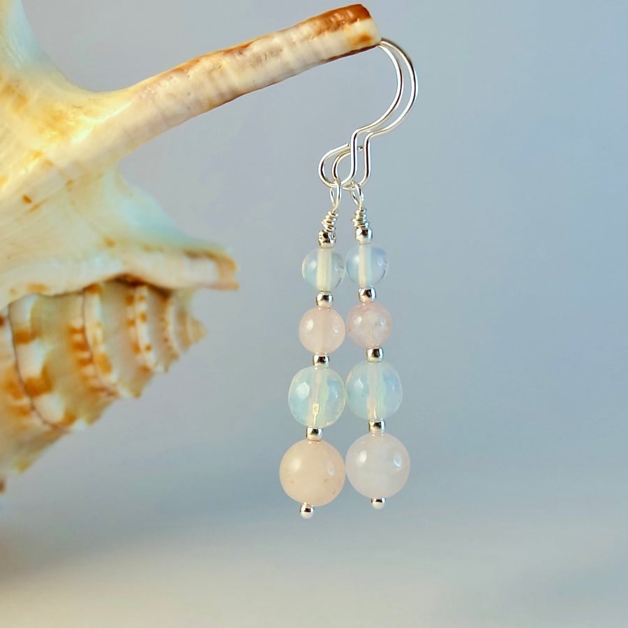 Rose Quartz, Opalite & Silver Earrings, Birthday, Valentine, Bridesmaid Gift.