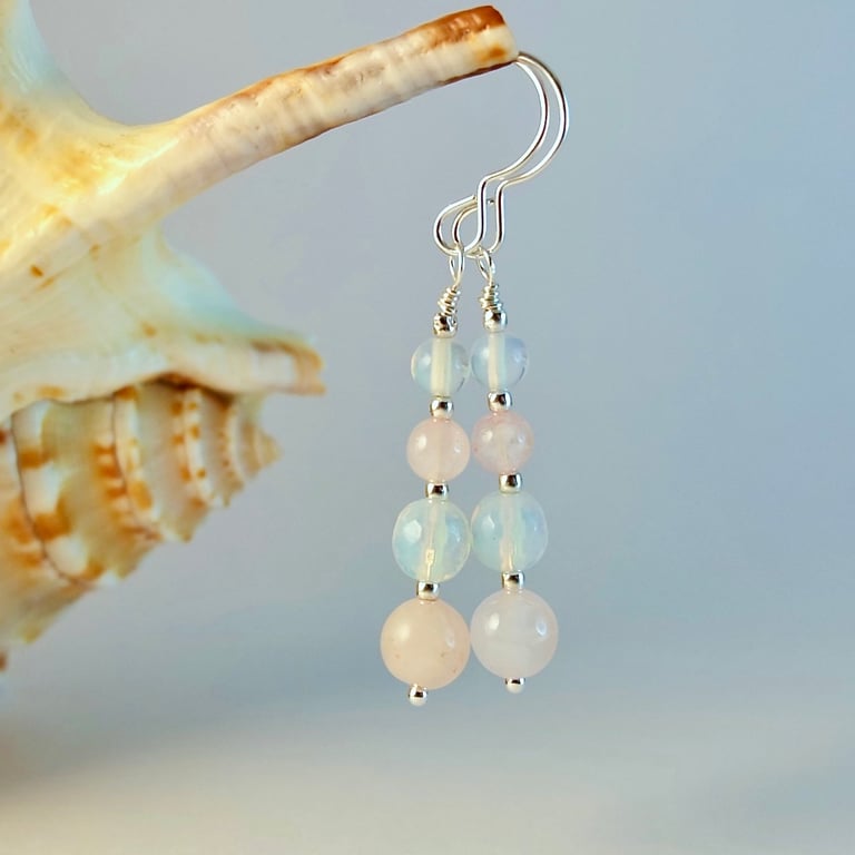 Rose Quartz, Opalite & Silver Earrings, Birthday, Valentine, Bridesmaid Gift.