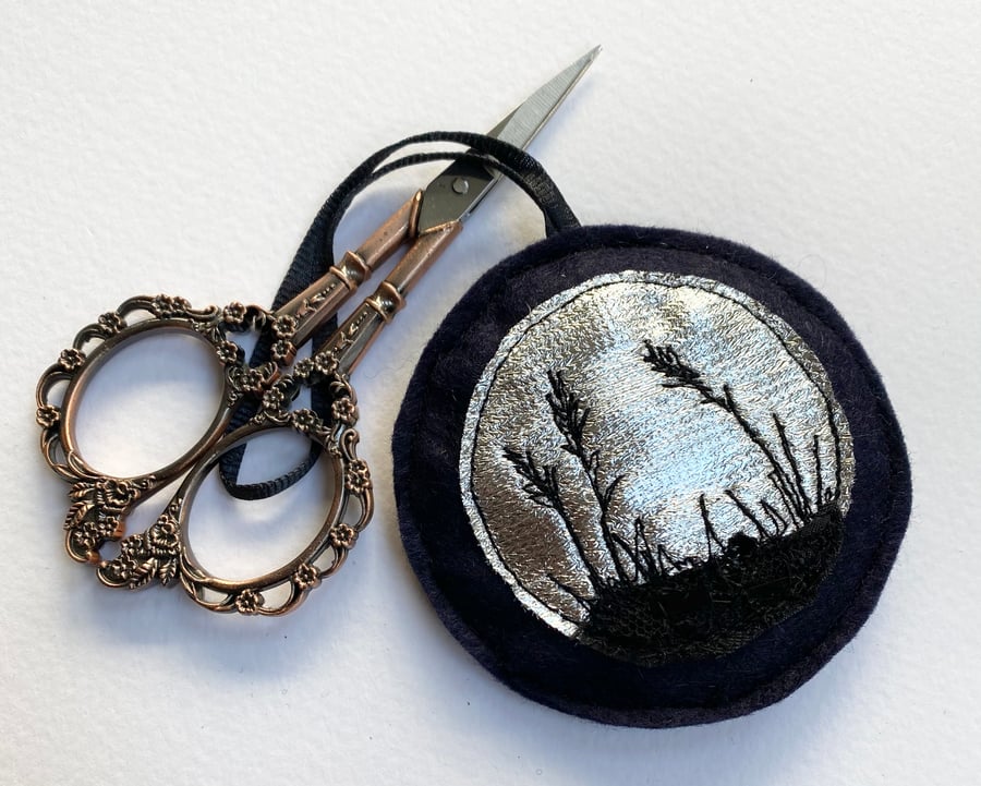 Embroidered up-cycled full moon hedgerow tree or home decoration.