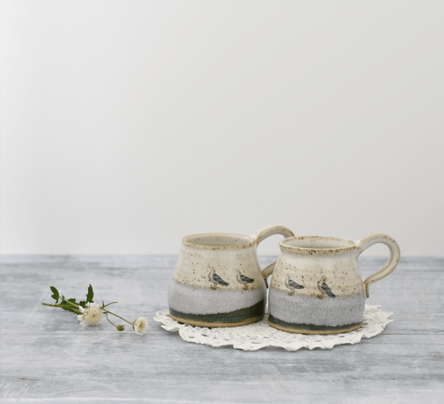 Rustic ceramic mug with seagulls in blue cream and green - handmade pottery