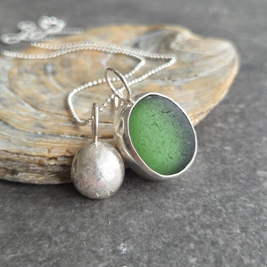 Green seaglass and silver pebble cluster pendant, Gift for beach lover