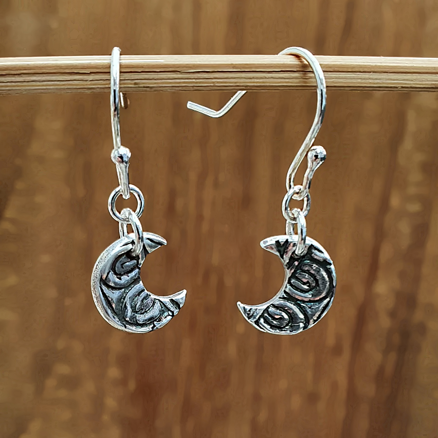 Recycled Silver Crescent Moon Earrings - Art Deco, Oxidised Drop Earrings