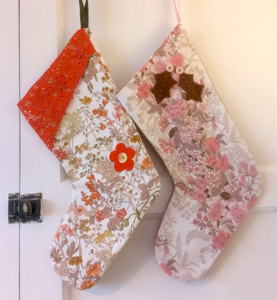 SALE RETRO Christmas Stocking pink Orange Shabby Chic Vintage Fabric WittyDawn