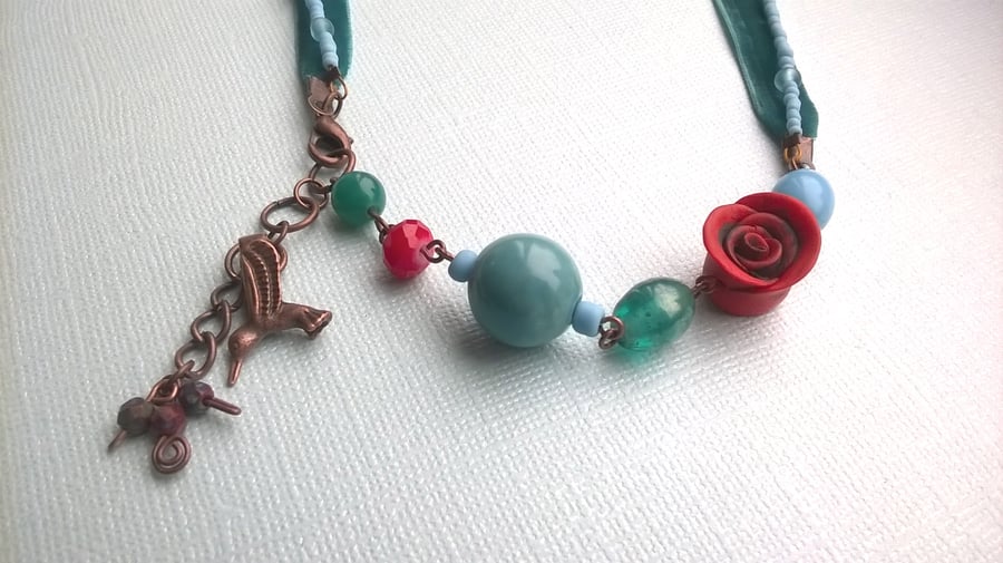 Hummingbird and flower wrap bracelet-necklace
