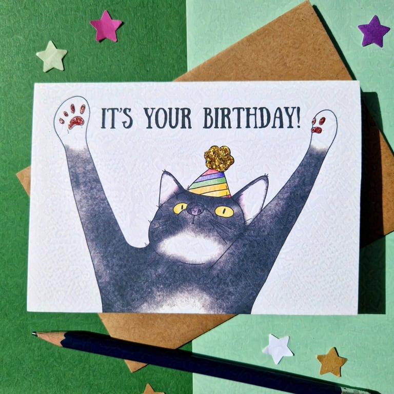 Black cat birthday card, Tuxedo cat card, Cat mum card, Black and white cat card