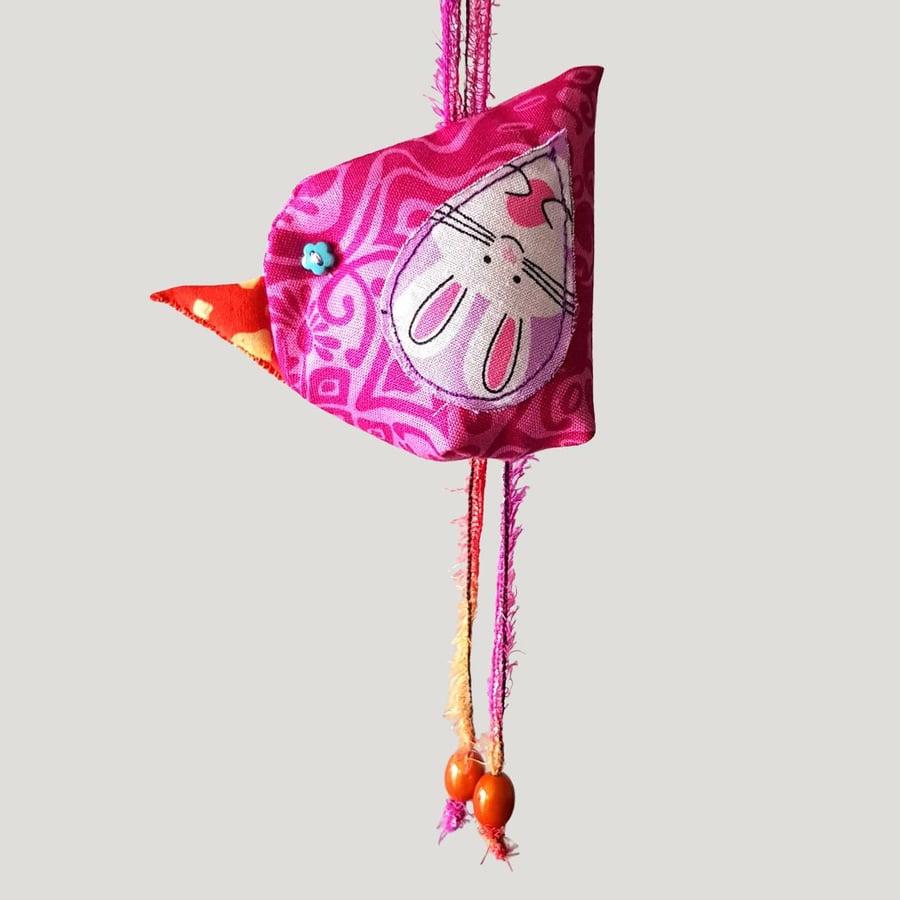 Pink Hanging Fabric Bird Ornament with Bunny Wing - Textile Decoration