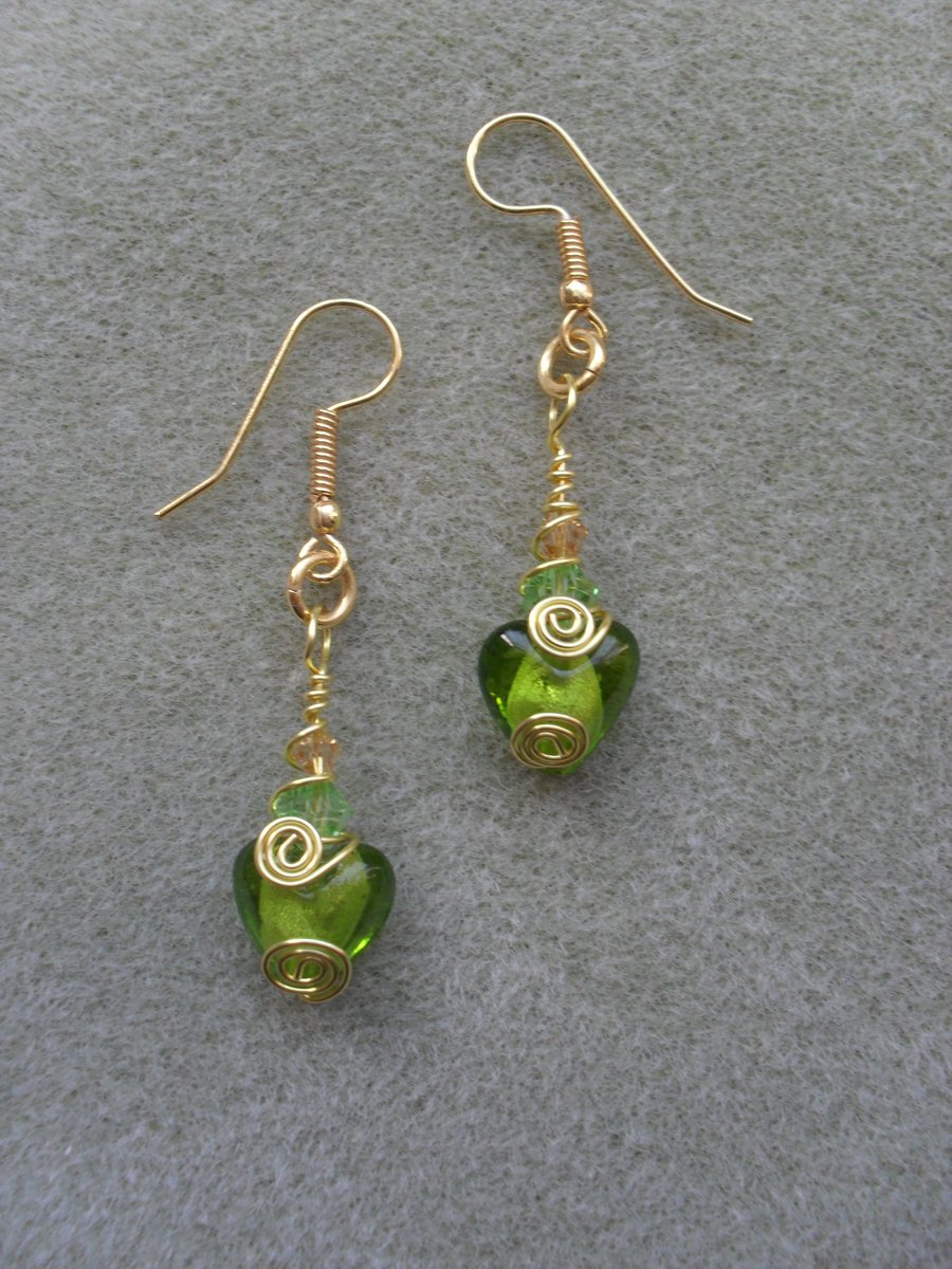 Green Glass Heart Earrings