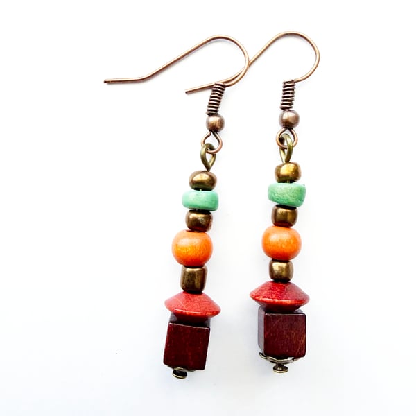 Brown Orange and Green Boho Style Wood Bead Drop Earrings