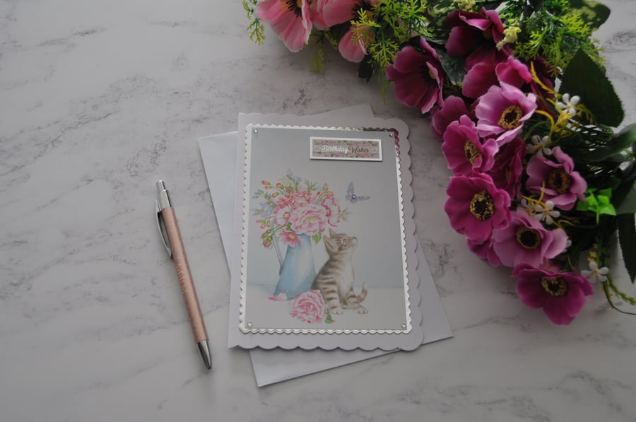 Cat Card Birthday Card Birthday Wishes Vintage Jug Flowers Luxury Handmade Card