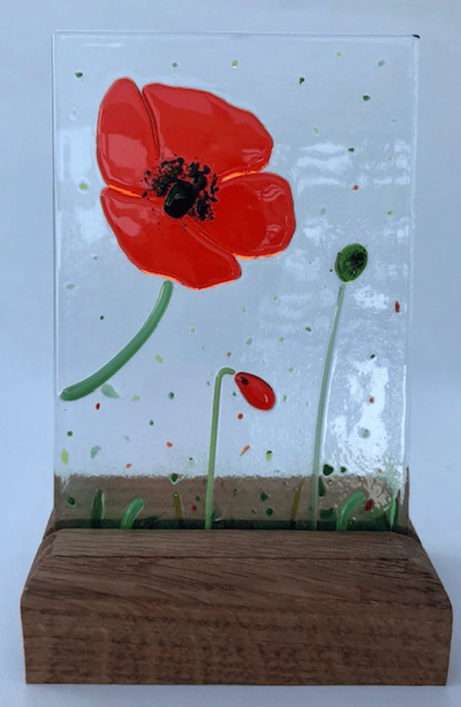 Fused Glass Poppy Suncatcher in handmade oak stand, No 18