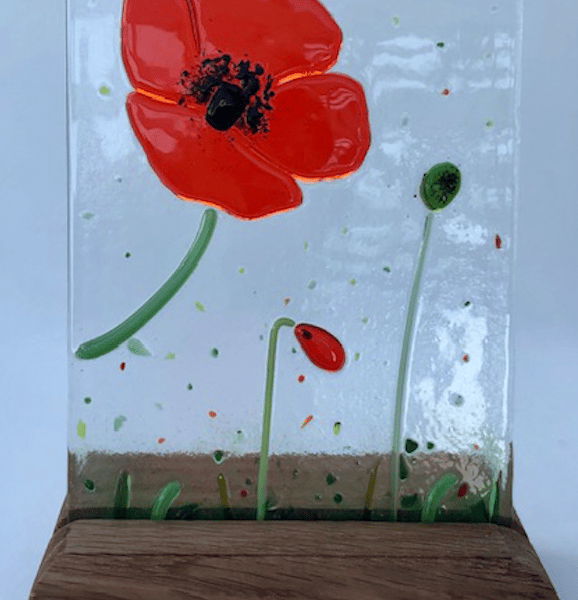 Fused Glass Poppy Suncatcher in handmade oak stand, No 18