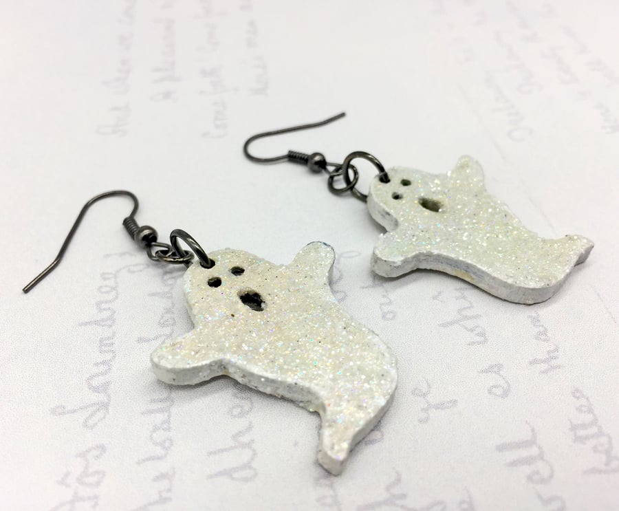 White glitter ghost dangle earrings wooden Halloween - Seconds Sunday