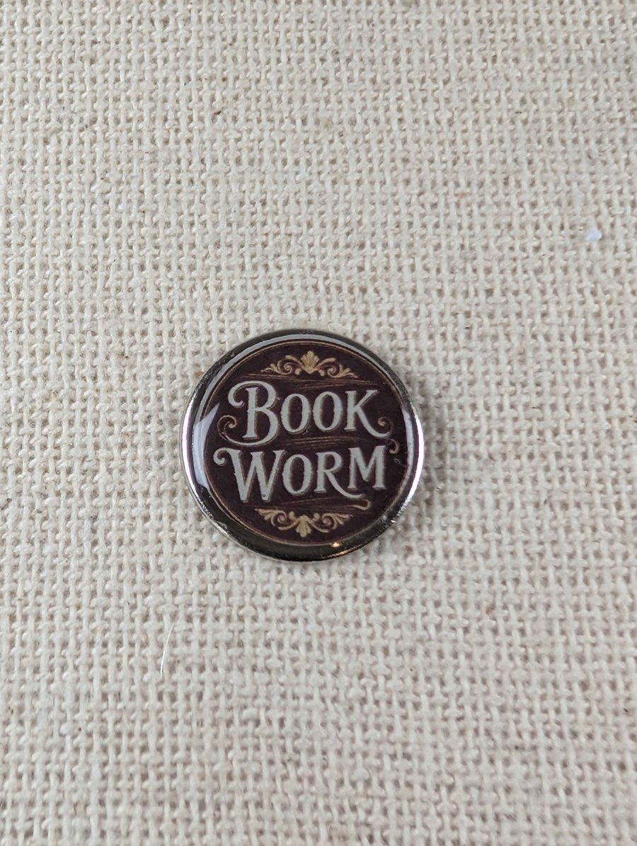 Book Worm - Book Lover Themed Badge - Large Resin Topped Pin Badge - Maroon 