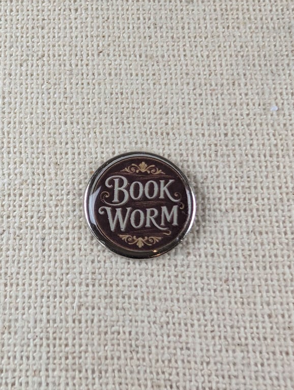 Book Worm - Book Lover Themed Badge - Large Resin Topped Pin Badge - Maroon 