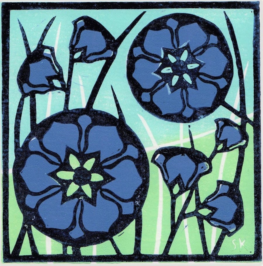 Blue Flowers in The Grass Linoprint