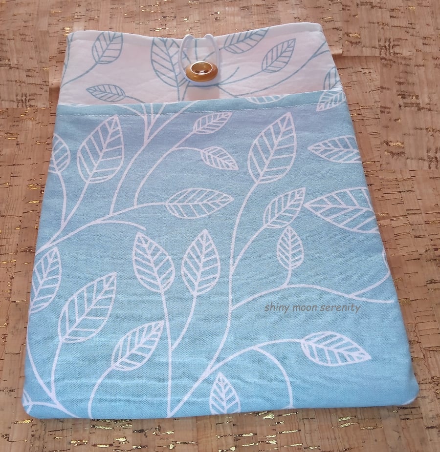 Leaf print in white & light blue Book-Tablet Sleeve with Pocket.