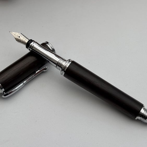 Handmade Fountain Pen in Ancient Bog Oak Wood With Contrasting Chrome Fittings