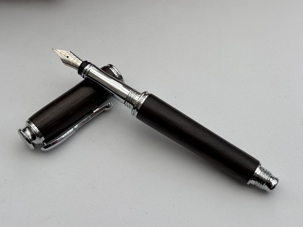Handmade Fountain Pen in Ancient Bog Oak Wood With Contrasting Chrome Fittings
