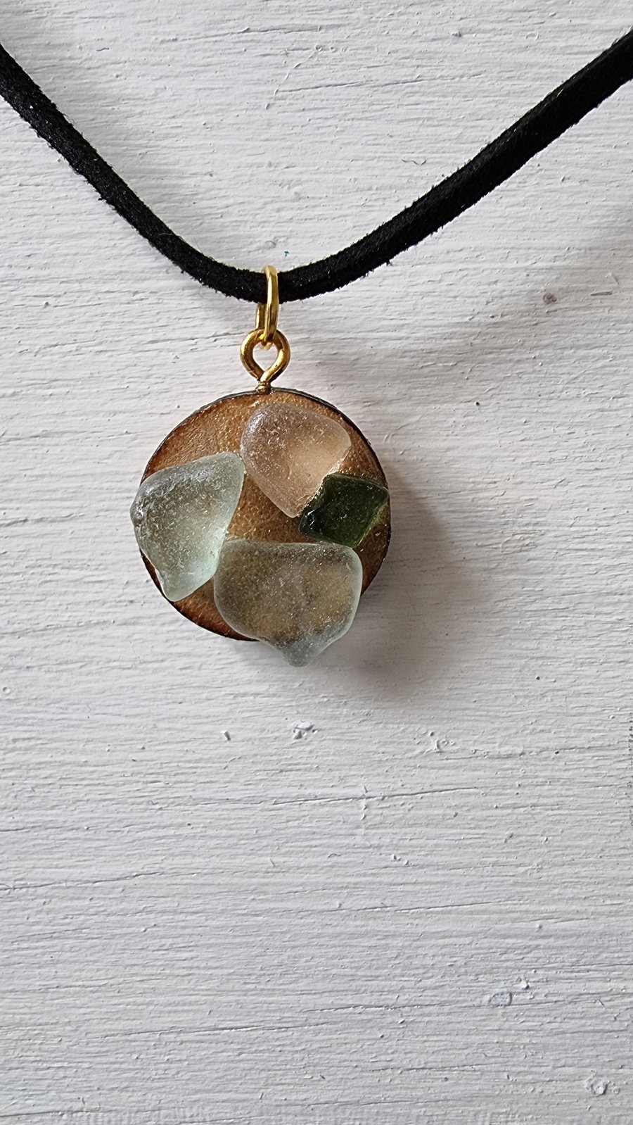 Washed Ashore; 4 piece sea glass and wood pendant