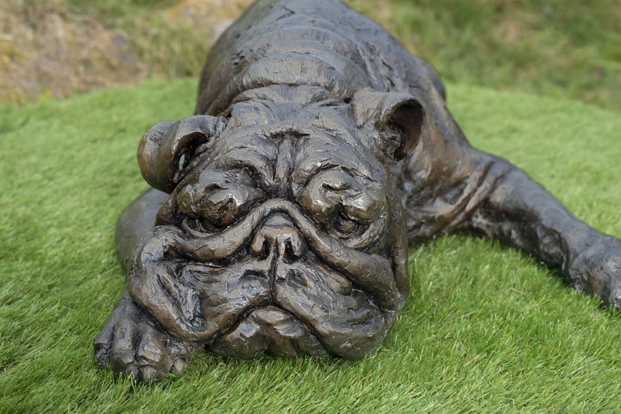 Lying English Bulldog Dog Statue Large Bronze R... - Folksy