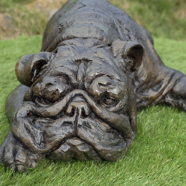 Lying English Bulldog Dog Statue Large Bronze Resin Garden Sculpture