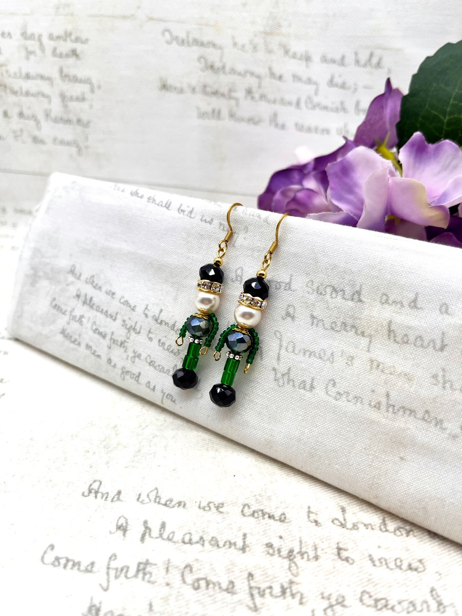 Emerald green crystal nutcracker soldier dangle earrings diamante festive gifts