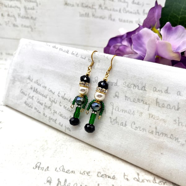 Emerald green crystal nutcracker soldier dangle earrings diamante festive gifts