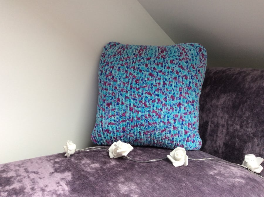 Knitted Cushion Cover Blues & Purple Speckled with Button detail