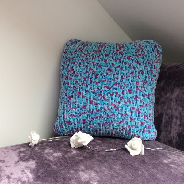 Knitted Cushion Cover Blues & Purple Speckled with Button detail