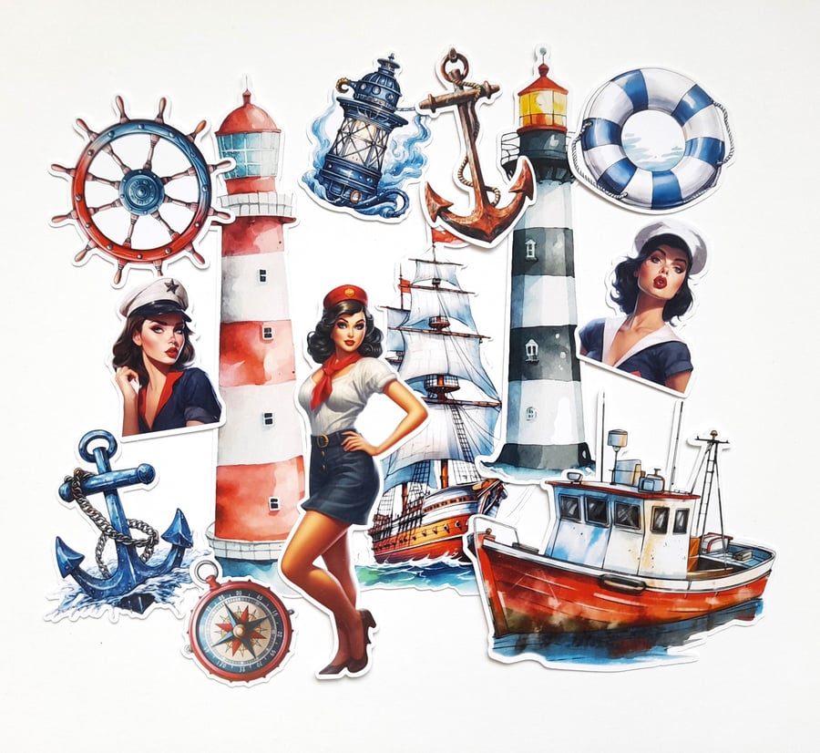 Nautical sailing theme die cuts, vintage ephemera, junk journal supplies