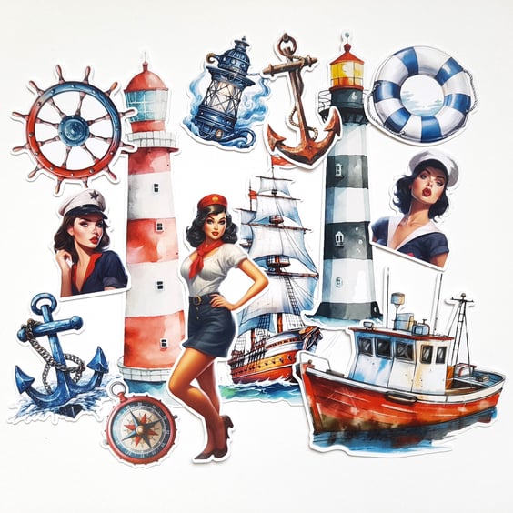 Nautical sailing theme die cuts, vintage ephemera, junk journal supplies