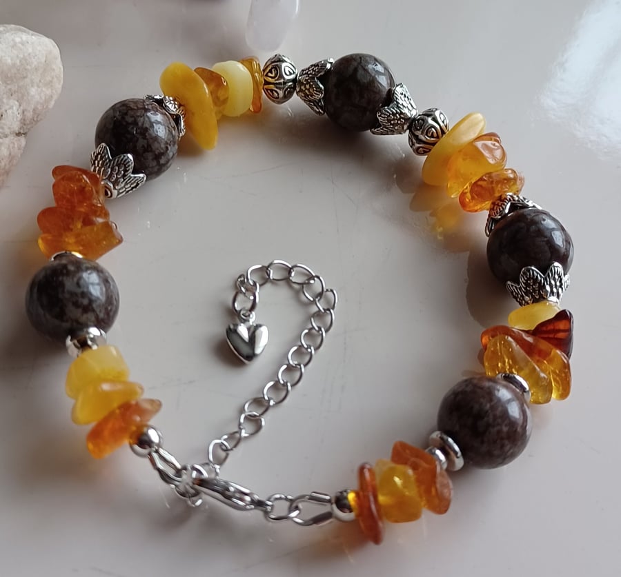 Jade and Amber beaded bracelet with adjustable chain, handmade gift 
